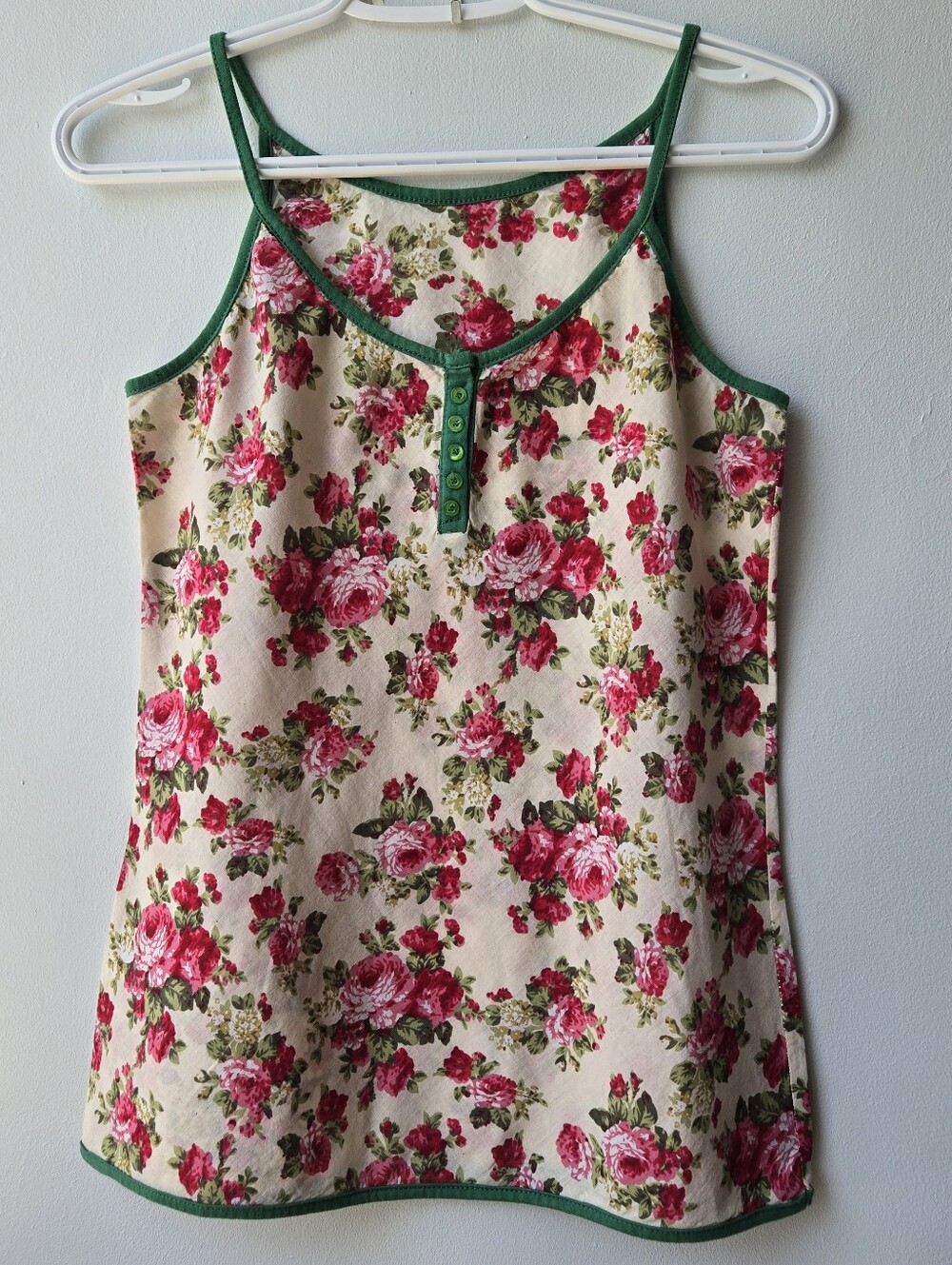 Y2K Cami Tank SM Floral Spaghetti Strap Green Trim Cottagecore Soft Grunge